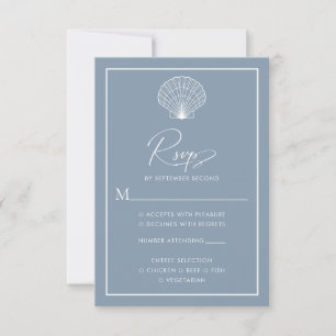 Dusty Blue Seashell Beach Wedding Elegant RSVP Karte