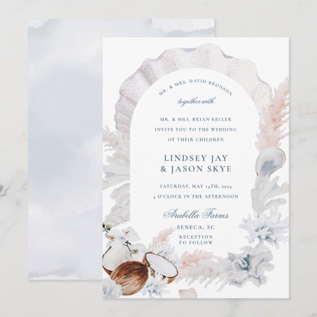 Dusty Blue Seashell Pampas Beach Arch Wedding Einladung (Vorne/Hinten)