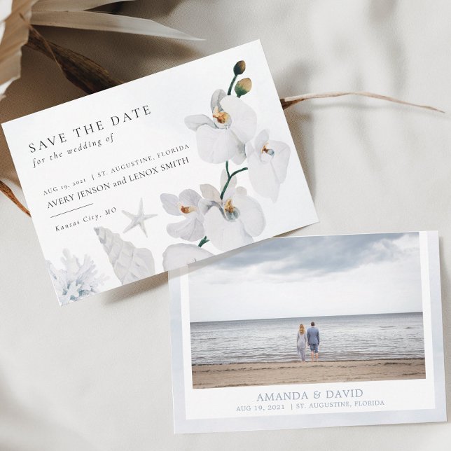 Dusty Blue Seashell White Orchid Beach mit Foto Save The Date (Von Creator hochgeladen)