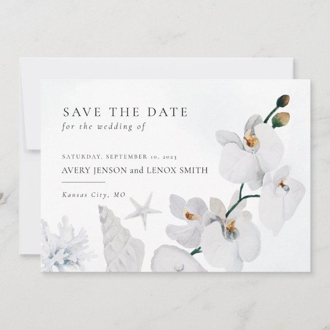 Dusty Blue Seashell White Orchid Beach Save The Date (Vorderseite)