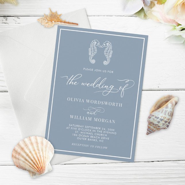 Dusty Blue Seepferd Coastal Beach Script Hochzeit Einladung (Von Creator hochgeladen)