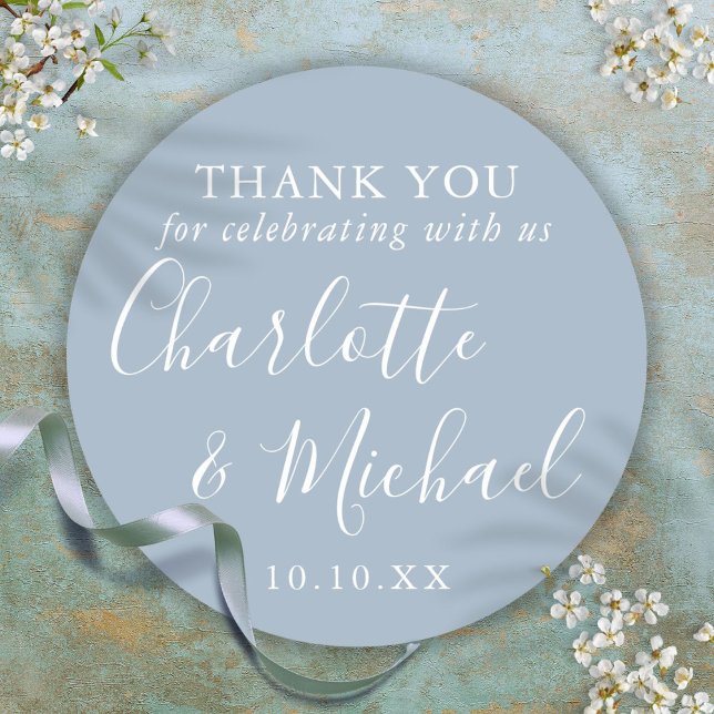 Dusty Blue Signature Gastgeschenk Hochzeit danke Runder Aufkleber (Dusty Blue Signature Wedding Favor Thank You Classic Round Sticker)