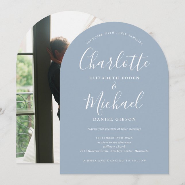 Dusty Blue Signature Script Foto Arch Wedding Einladung (Vorne/Hinten)