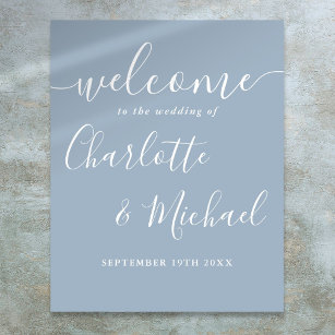 Dusty Blue Signature Script Wedding Welcome Sign Poster