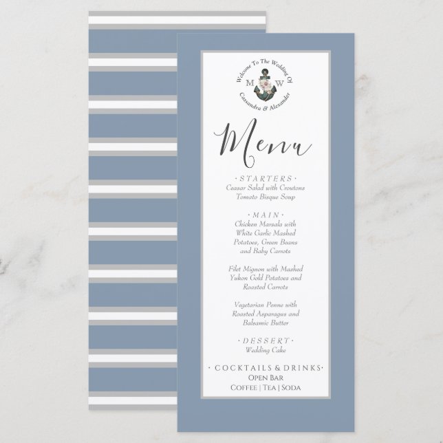 Dusty Blue silber grau, nautische Themenhochzeit Menükarte (Vorne/Hinten)