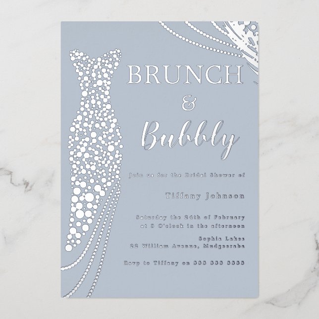 Dusty Blue & Silver Brautparty Brunch & Bubbly Folieneinladung (Vorderseite)