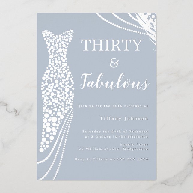 Dusty Blue & Silver Classic Elegant 30. Geburtstag Folieneinladung (Vorderseite)