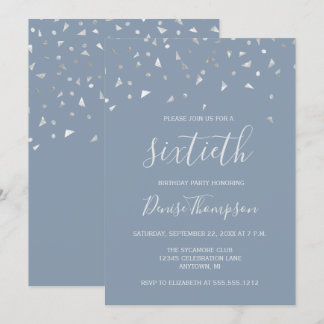 Dusty Blue Silver Confetti 60. Geburtstagsparty Einladung