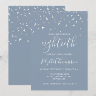 Dusty Blue Silver Confetti 80. Geburtstagsparty Einladung