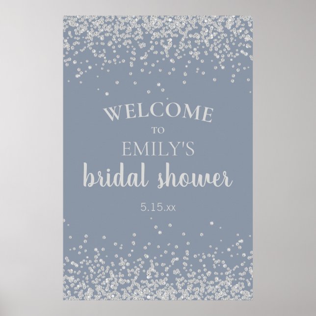 Dusty Blue Silver Confetti Brautparty Poster (Vorne)