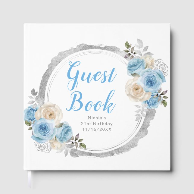 Dusty Blue Silver Elegant Flowers Birthday Party Gästebuch (Vorderseite)