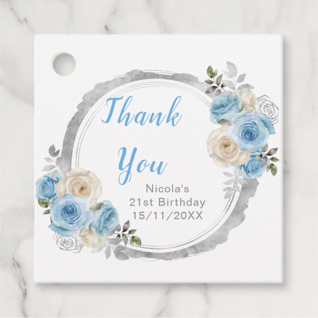 Dusty Blue Silver Elegant Flowers Birthday Party Geschenkanhänger (Vorderseite)