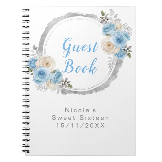 Dusty Blue Silver Elegant Flowers Sweet Sixteen Notizblock (Vorderseite)