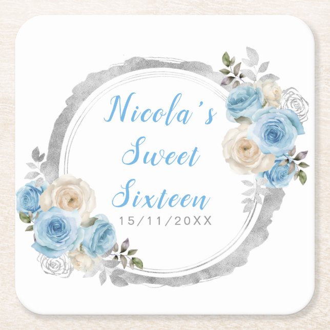 Dusty Blue Silver Elegant Flowers Sweet Sixteen Rechteckiger Pappuntersetzer (Vorderseite)