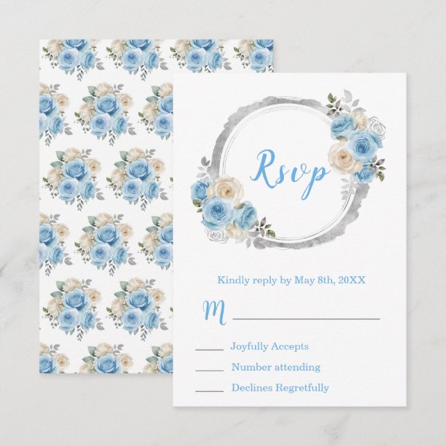 Dusty Blue Silver Elegant Flowers Sweet Sixteen RSVP Karte (Vorne/Hinten)