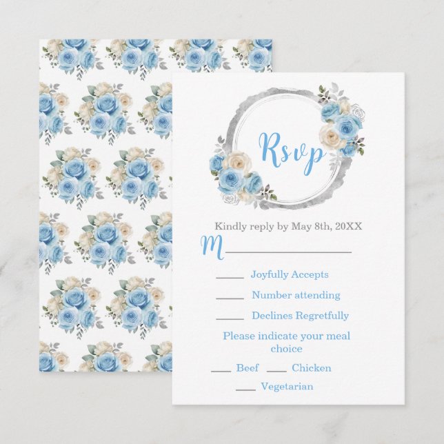 Dusty Blue Silver Elegant Flowers Sweet Sixteen RSVP Karte (Vorne/Hinten)