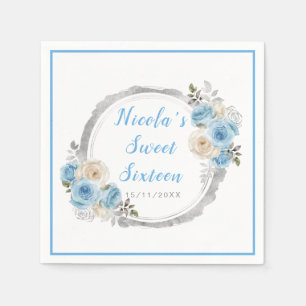 Dusty Blue Silver Elegante Blume 16 . Geburtstag Serviette