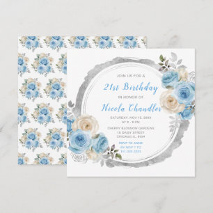 Dusty Blue Silver Elegante Blume Geburtstagsparty Einladung