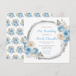 Dusty Blue Silver Elegante Blume Geburtstagsparty Einladung
