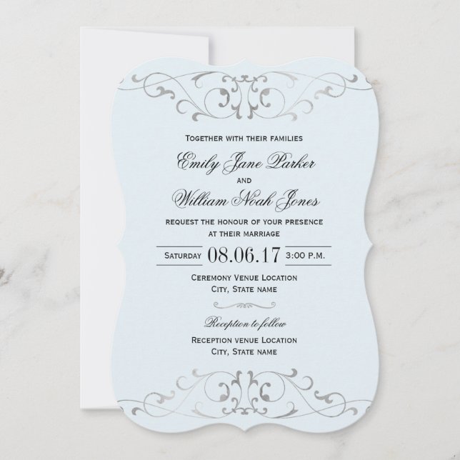 Dusty Blue Silver Elegante Hochzeit Einladung (Vorderseite)