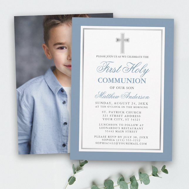 Dusty Blue Silver First Holy Communion Foto Einladung (Customize to change text size or text style.)