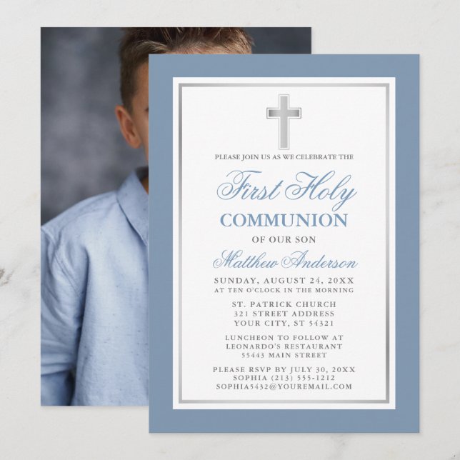 Dusty Blue Silver First Holy Communion Foto Einladung (Vorne/Hinten)