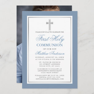 Dusty Blue Silver First Holy Communion Foto Einladung