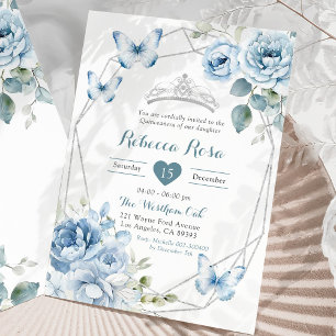 Dusty Blue Silver Floral Butterfly Quinceañera Einladung