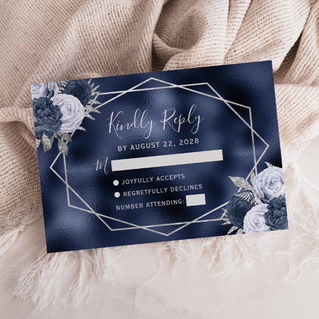 Dusty Blue Silver Floral Geometric Navy Foil RSVP Karte (Von Creator hochgeladen)