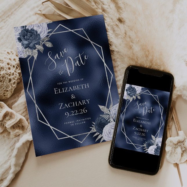 Dusty Blue Silver Floral Navy Foil Save the Date (Von Creator hochgeladen)