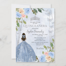 Dusty Blue Silver Floral Princess Quinceañera Einladung