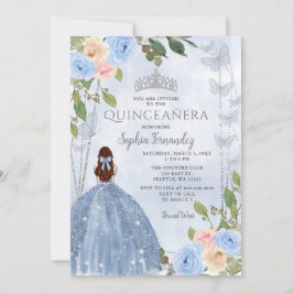 Dusty Blue Silver Floral Princess Quinceañera Einladung