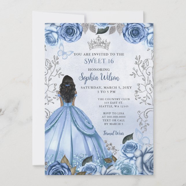 Dusty Blue Silver Floral Princess SWEET 16 Einladung (Vorderseite)