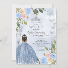 Dusty Blue Silver Floral Princess Sweet 16 Einladung
