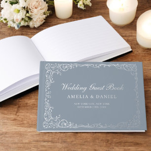 Dusty Blue Silver Floral Vintage Wedding Gästebuch