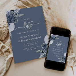 Dusty Blue Silver Floral Wedding Save the Date Einladung