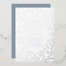Dusty Blue Silver Foil Floral Lace Wedding Folieneinladung