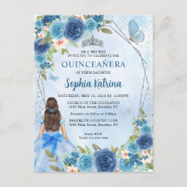 Dusty Blue Silver Glam Floral Prinzessin Quinceañe Einladungspostkarte