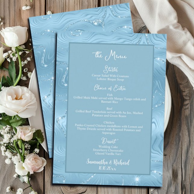Dusty Blue Silver Glitzer 12x18" Wedding Menu Menükarte (Von Creator hochgeladen)