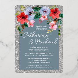 Dusty Blue Silver Glitzer Aquarell Blumenstrauch Folieneinladung