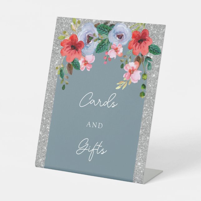 Dusty Blue Silver Glitzer Aquarell Blumenstrauch Sockelschild (Vorderseite)