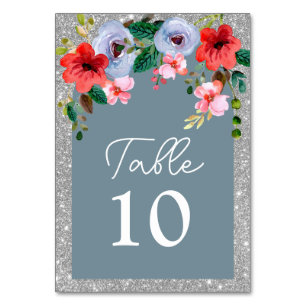 Dusty Blue Silver Glitzer Aquarell Blumenstrauch Tischnummer