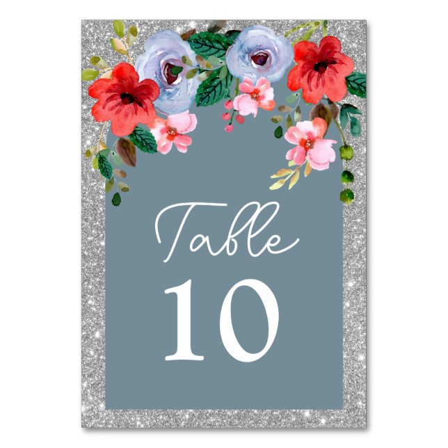 Dusty Blue Silver Glitzer Aquarell Blumenstrauch Tischnummer (Vorderseite)