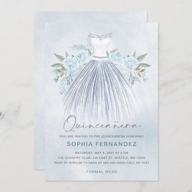 Dusty Blue Silver Glitzer Blumenkleid Quinceañera Einladung (Vorne/Hinten)