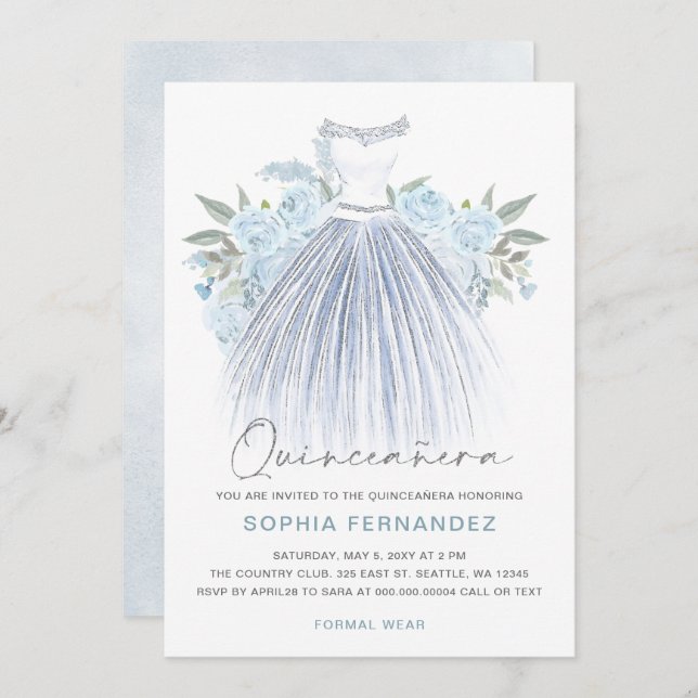 Dusty Blue Silver Glitzer Blumenkleid Quinceañera Einladung (Vorne/Hinten)