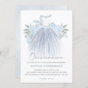 Dusty Blue Silver Glitzer Blumenkleid Quinceañera Einladung
