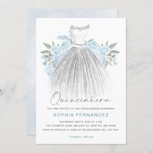 Dusty Blue Silver Glitzer Blumenkleid Quinceañera Einladung
