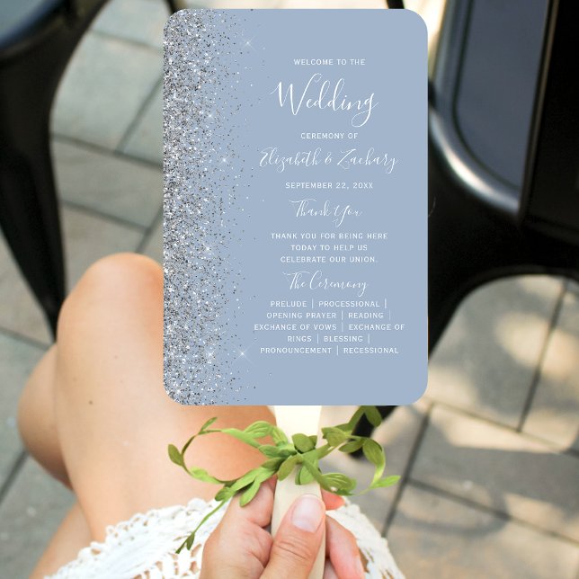 Dusty Blue Silver Glitzer Edge Wedding Program Fächer (Von Creator hochgeladen)