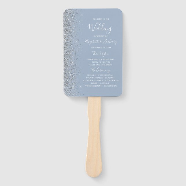 Dusty Blue Silver Glitzer Edge Wedding Program Fächer (Vorderseite)