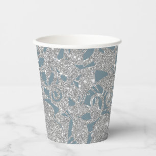 Dusty Blue Silver Glitzer Floral Pappbecher